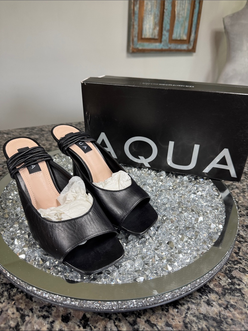 Aqua Black Leathe open-Toe Slide Mules removable wrap around ankle Strap NEW